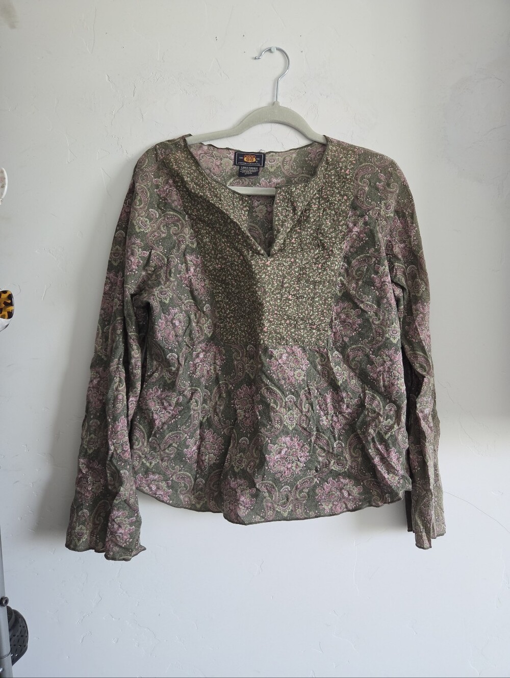 Boho Paisley Split-Neck Long Sleeve Top - Olive & Pink